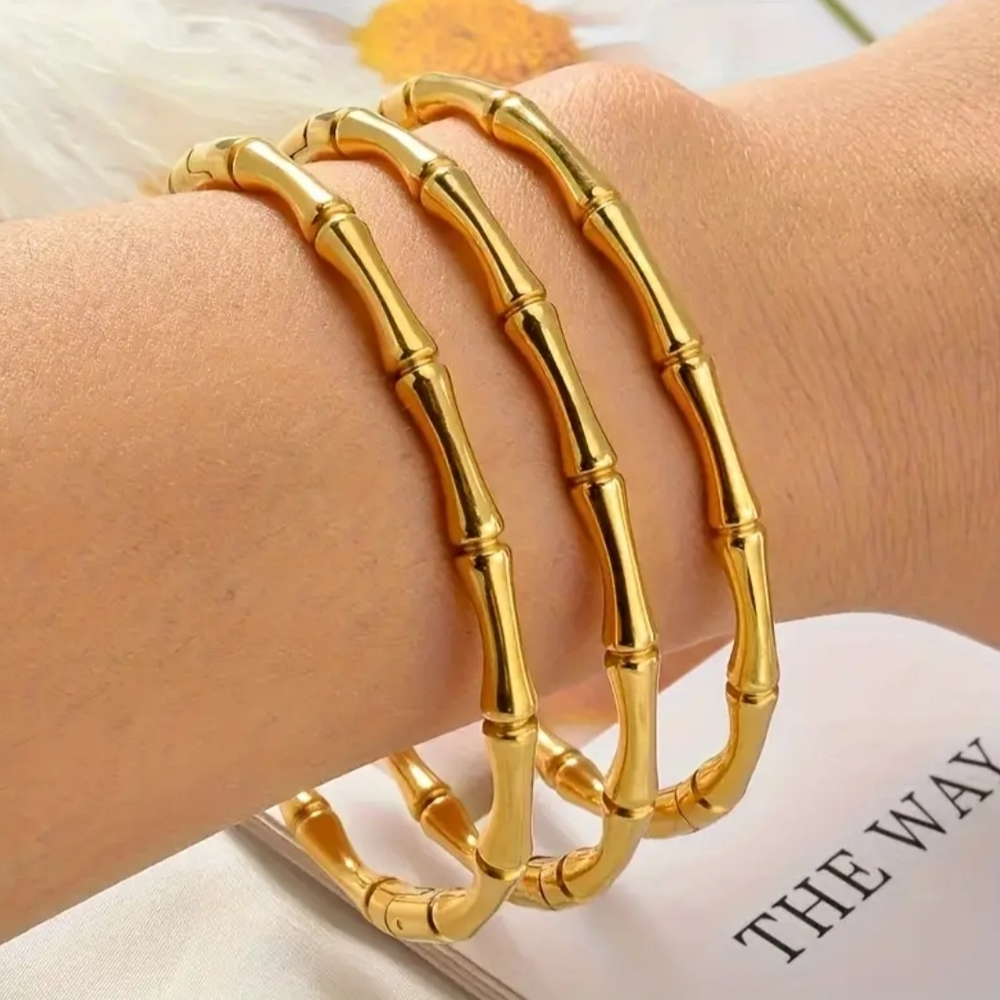 18 KT Gold Over Titanium Bamboo Bangle Set
